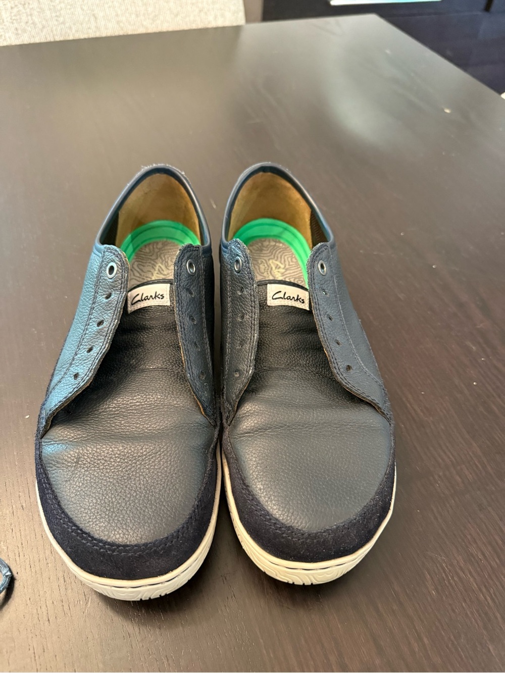 Clarks Men’s Navy Slip-On Leather Loafers with Green Insoles